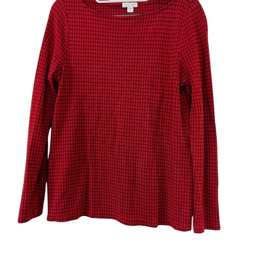 J Jill | Red Ponte Knit Top Black Plaid Boatneck Long Sleeve Petite Small